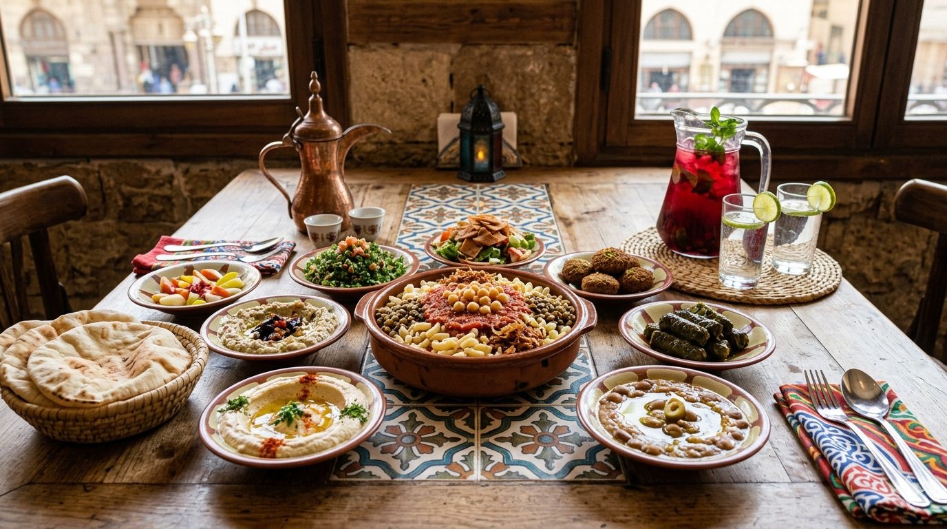 Authentic Egyptian food spread in Cairo